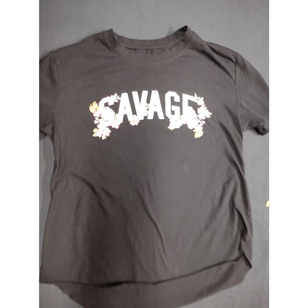 Savage Black Tee with White Lettering and Pink Floral Accents